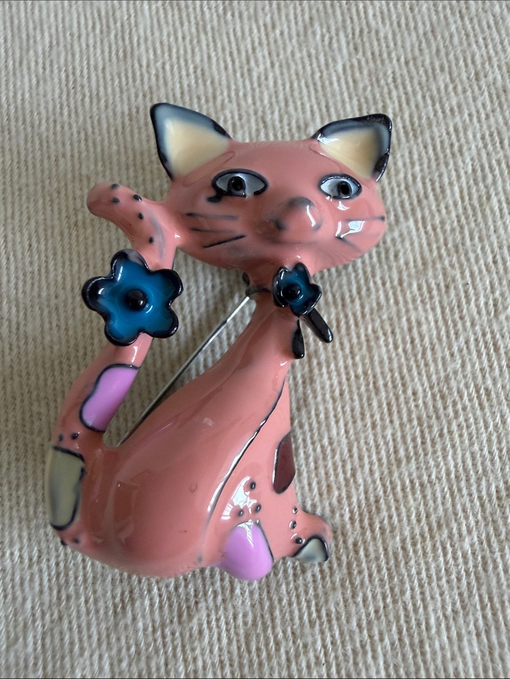 Pink Cat Brooch Pin with Blue Flower Accent